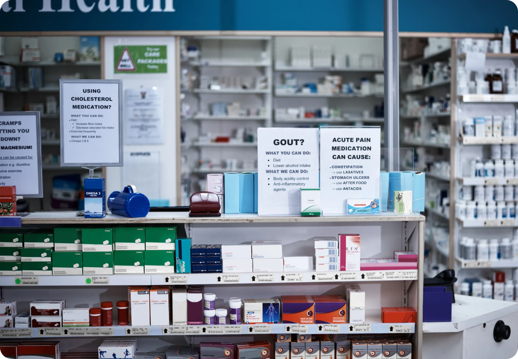 Health information signs at pharmacy