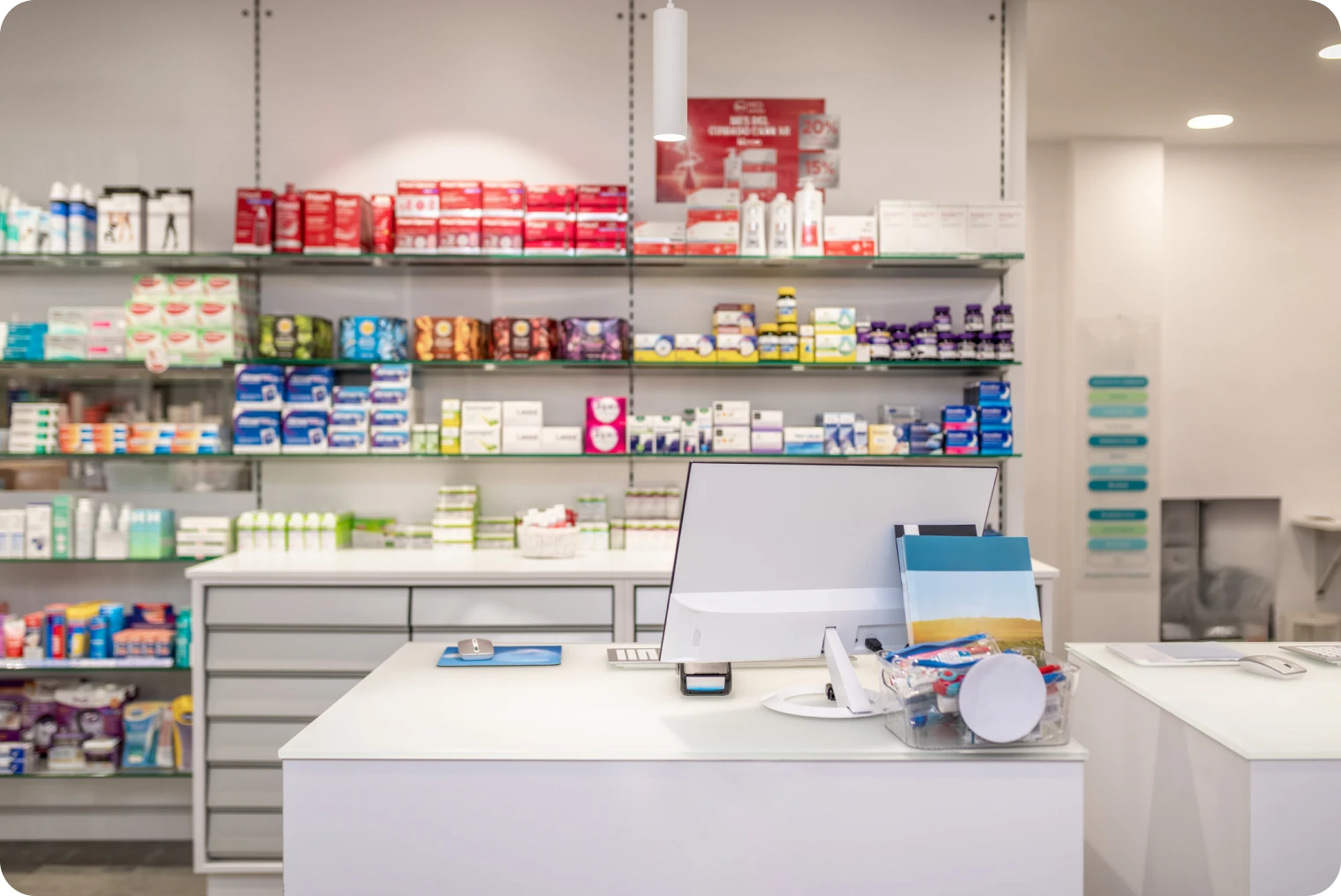 Pharmacy counter with medicine shelves