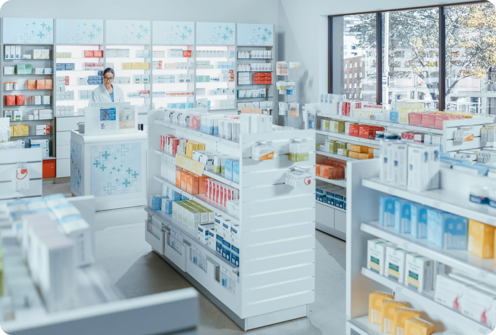 Pharmacy interior with shelves of products
